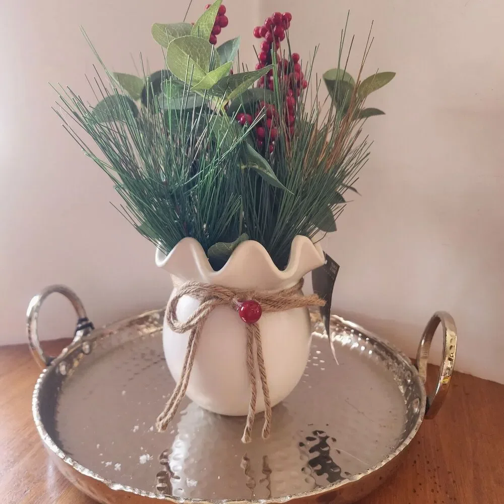 Home Decor Artifical Floral Greenery Arrangement White Ruffled Pottery P…